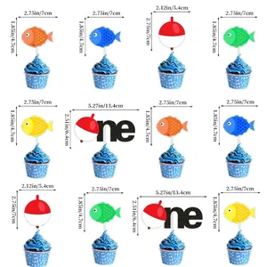 12pcs fishing birthday cake toppers set with fish and one sign dimensions display