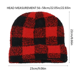 Detailed size specifications for a red and black buffalo plaid knitted winter beanie hat
