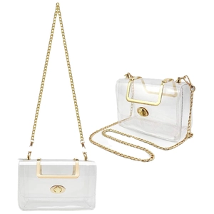 Clear PVC crossbody clutch with gold chain strap and metal handle for women