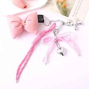 Pink pearl bow phone charm with leather bag and braided nylon cord keychain set