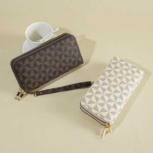 Long double zipper wallet with windmill print and wristlet strap in brown and beige