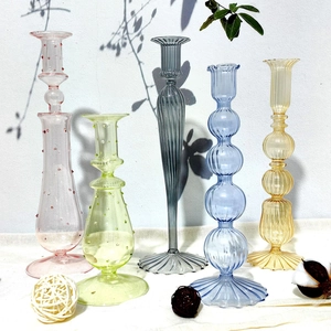 Colored Glass Candle Holder Borosilicate Glass Transparent Ribbed Bubbled Candlestick For Dinner Table Decor Ornament