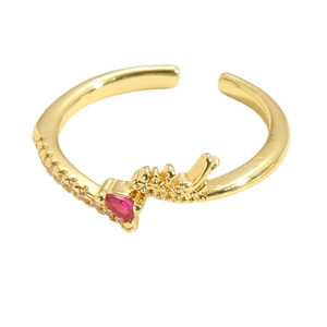 Adjustable gold ring featuring a red heart zircon and shimmering pave-set crystals