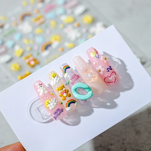 Faux ongles 3D avec motifs de dessins animés mignons ours et lapin rose et paillettes