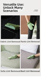 Green pet hair remover glove showing multi-surface cleaning on sofa, bed, and clothes