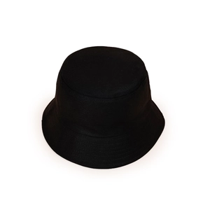 Detail view of the black cotton bucket hat with a wide brim and classic round top design