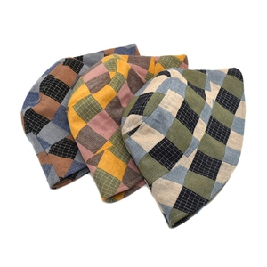 Retro patchwork plaid bucket hats in three color variants for sun protection