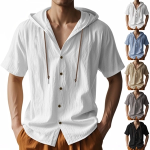 Men Hooded Short Sleeve Shirt Breathable Linen Blend Summer Casual Loose Fit Solid Color Tops