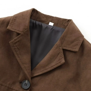 Chic dark brown faux suede short blazer with lapel collar and matte buttons details