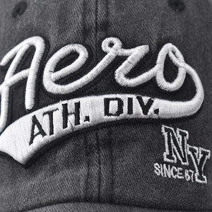 Vintage dark gray washed cotton baseball cap with premium Aero 3D embroidery detail