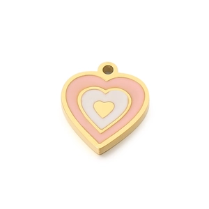 Pendentif cœur multicouche en émail rose et blanc avec bordure dorée pour bijoux DIY