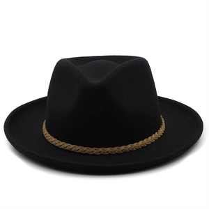 Detailed close-up of a black wool fedora hat with a brown woven decorative band