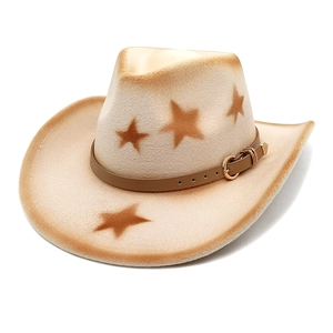 Western felt cowboy hat in cream with brown star prints and leather decorative band