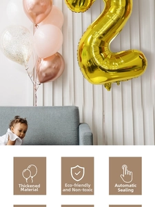 Detail of 40-inch rose gold number 2 foil balloon with auto-seal party decoration feature