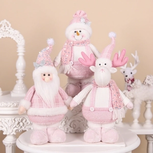Pink plush Christmas snowman and reindeer dolls with sequins for holiday decoration
