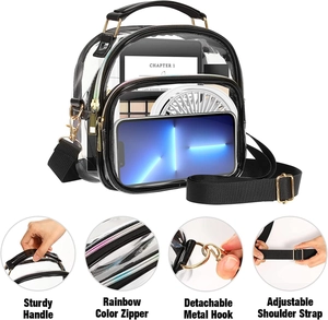 Detail view of transparent PVC backpack with rainbow zippers and sturdy top handle