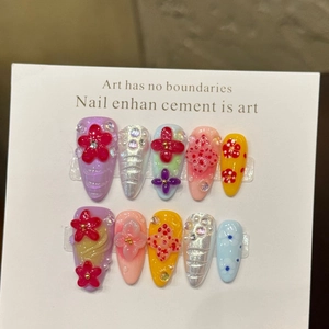 Handmade 3D Embossed Flower Press On Nails Almond Shape With Rhinestone Artificial Pearl Colorful Artificial Manicure For Women