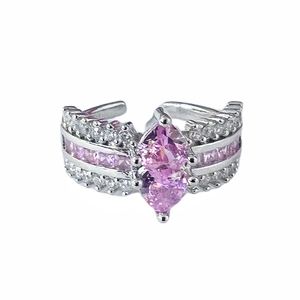 Luxury silver flower ring with marquise pink zircon and pavé crystals for women