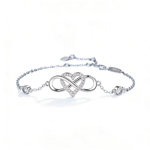 925 Sterling Silver infinity heart bracelet with cubic zirconia on white background