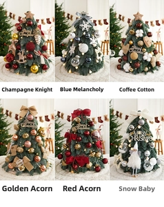 Collage of six mini PE tabletop Christmas trees with luxury ornaments and festive ribbons