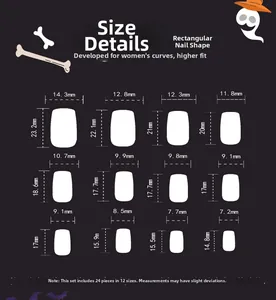 Size guide for Halloween press-on nails showing 24 pieces in 12 different dimensions
