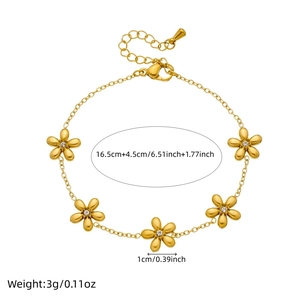 Gold flower bracelet with sparkling crystals and adjustable lobster clasp for women