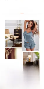 Detail view of ice silk pajama set with V-neck camisole and ruffled shorts in dusty blue