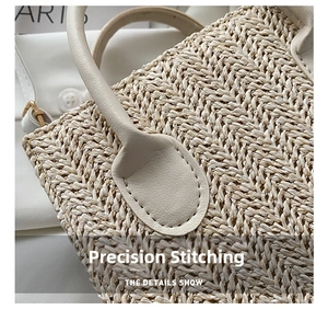 Close-up of fine stitching and woven texture on a minimalist cream crossbody bag