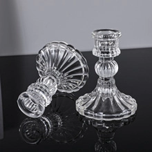 Close-up of ribbed texture and spherical base on clear glass candle holders set
