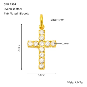18k gold plated stainless steel cross pendant with zircon stones on white background