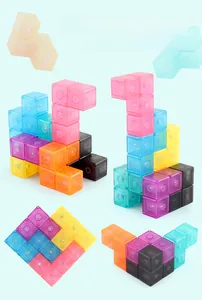 Macro shot of colorful translucent magnetic building blocks in various modular shapes