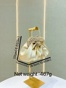 Elegant gold rhinestones evening clutch with top handle and product dimensions measurement
