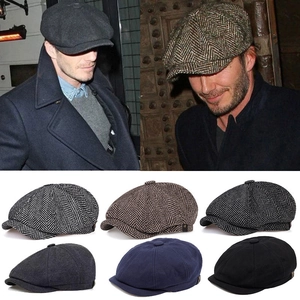 Vintage Newsboy Cap Tweed Herringbone Octagonal Beret Hat For Men Women Warm Retro British Style