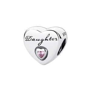 Silver heart-shaped charm with pink gem and Daughter engraving in 925 sterling silver