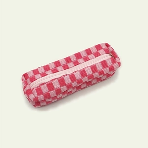 Pink checkered knit pencil case with zipper closure for stationery and makeup