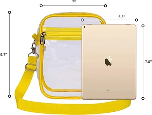 Size chart for clear PVC crossbody bag showing dimensions 9.7 by 7 inches with a yellow trim