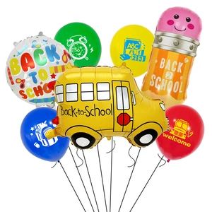 Back to School balloon set with school bus and pencil foil balloons on white background
