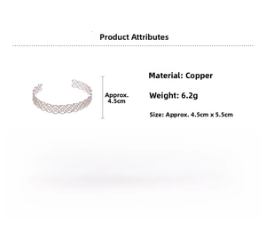 Detailed view of hollow geometric floral metal bangle showing 4.5cm x 5.5cm dimensions