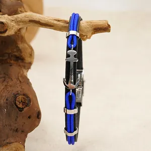 Braided leather anchor bracelet in black and blue with polished stainless steel clasp