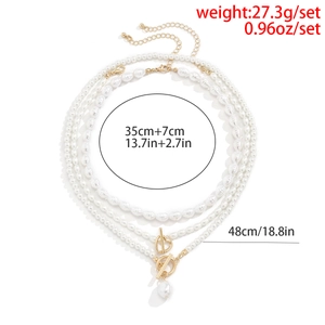 Three-layer faux pearl necklace dimensions with heart pendant and gold T-bar toggle clasp