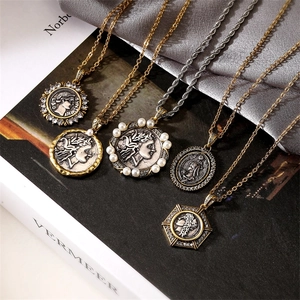 Coin Pendant Necklace Copper Vintage Embossed Roman Warrior Greek Style Rhinestone Artificial Pearl Aesthetic Jewelry For Women