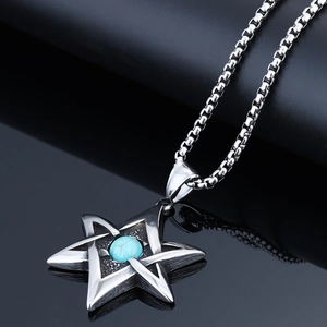 Polished viking hexagram pendant with blue turquoise gemstone on stainless steel chain