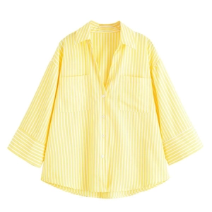 Women's yellow vertical striped V-neck shirt with double pockets and loose wide sleeves