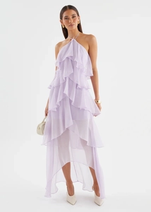 Detailed view of lavender halter neck dress with light tiered chiffon ruffles