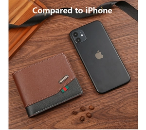 Men's bifold wallet size comparison with an iPhone on a warm wooden background