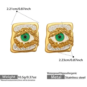 Detail shot of evil eye earrings with dimensions 2.21x2.23cm and 10.5g weight info