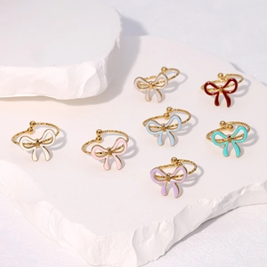 Bow Knot Adjustable Ring Gold Plated Stainless Steel Enamel Drip Oil Twisted Rope Band Sweet Fashion Jewelry For Women