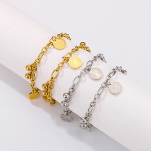 Bracciale a catena retrò con perline dorate e un ciondolo a moneta ritratto vintage