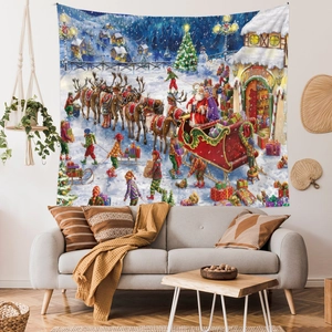 Detail eines Weihnachts-Wandteppichs mit Weihnachtsmann und Rentier für Festdekoration