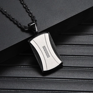 Men's stainless steel necklace with black silver pendant and diamond accents